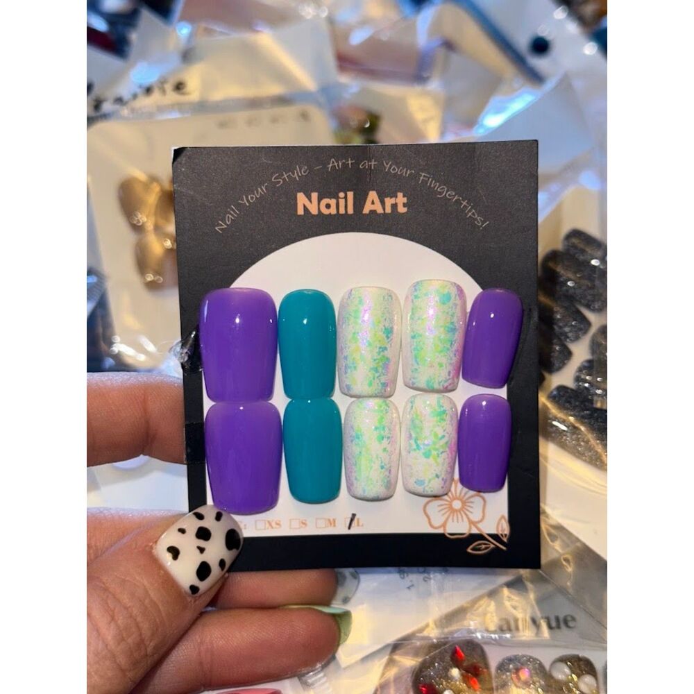 Purple, Blue, White Square Press On Nails Size Large